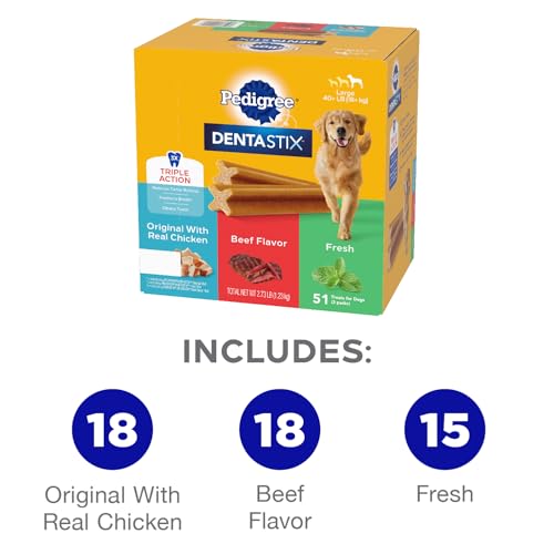 Pedigree Dentastix Large Breed Dog Treats, Original, Beef & Fresh Flavor, 2.73 lb. Variety Pack (51 Treats)