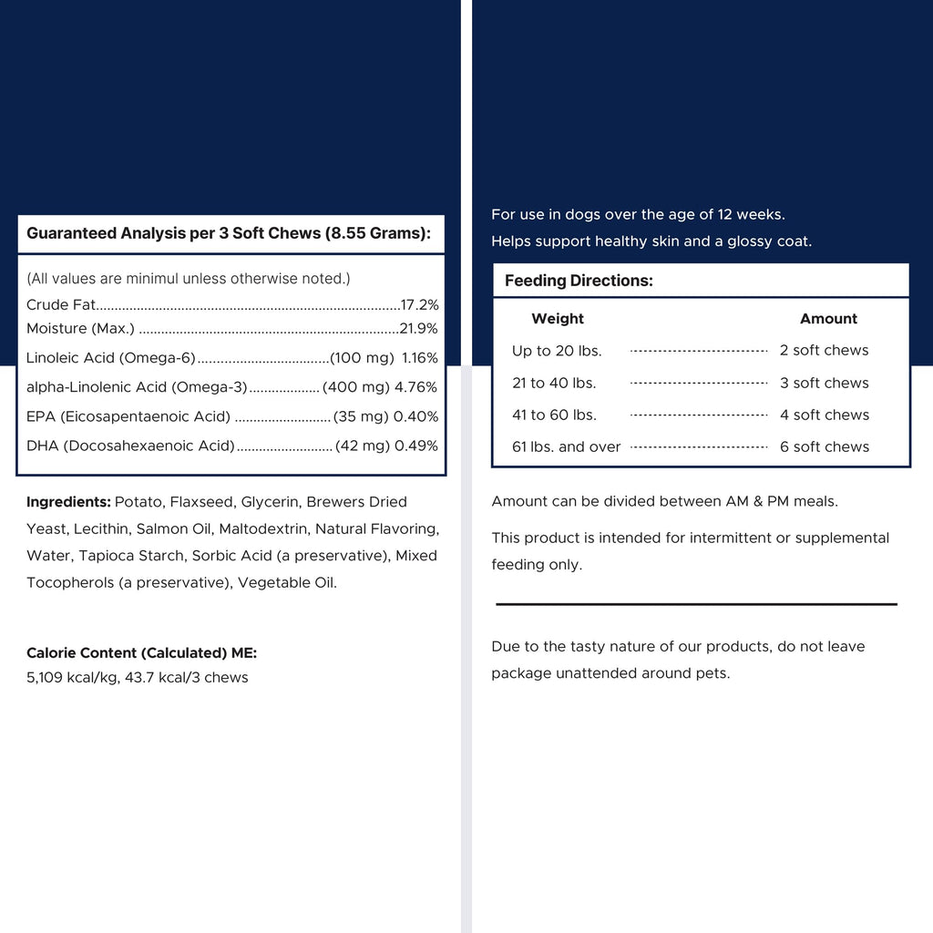 Dog Fish Oil Supplements - 180 Delicious Chew Treats - Omega 3 Rich Salmon Oil, EPA, DHA, Biotin, and Vitamin E for Healthier, Shinier, Skin, Coat and Fur, Helps Skin Allergies