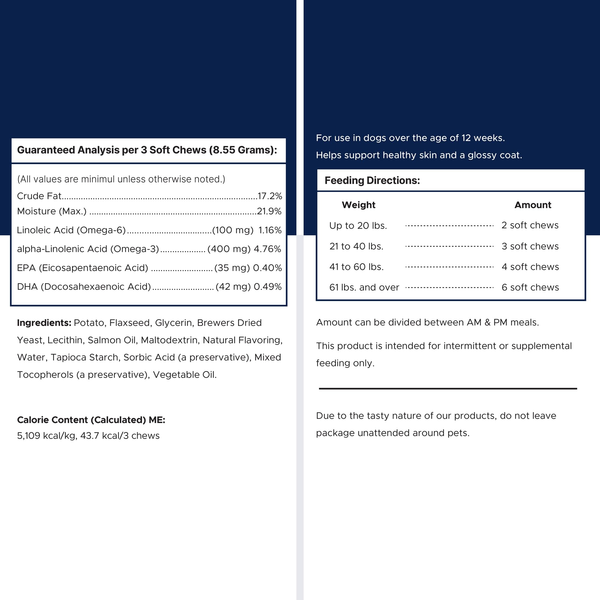 Dog Fish Oil Supplements - 180 Delicious Chew Treats - Omega 3 Rich Salmon Oil, EPA, DHA, Biotin, and Vitamin E for Healthier, Shinier, Skin, Coat and Fur, Helps Skin Allergies