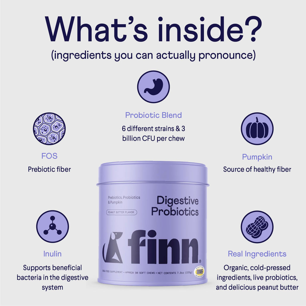 Finn Digestive Probiotics for Dogs - Complete Digestive System Support with Pumpkin, Prebiotics, & Live Probiotics - Vet Recommended & Made in The USA - 90 Soft Chews (Peanut Butter)