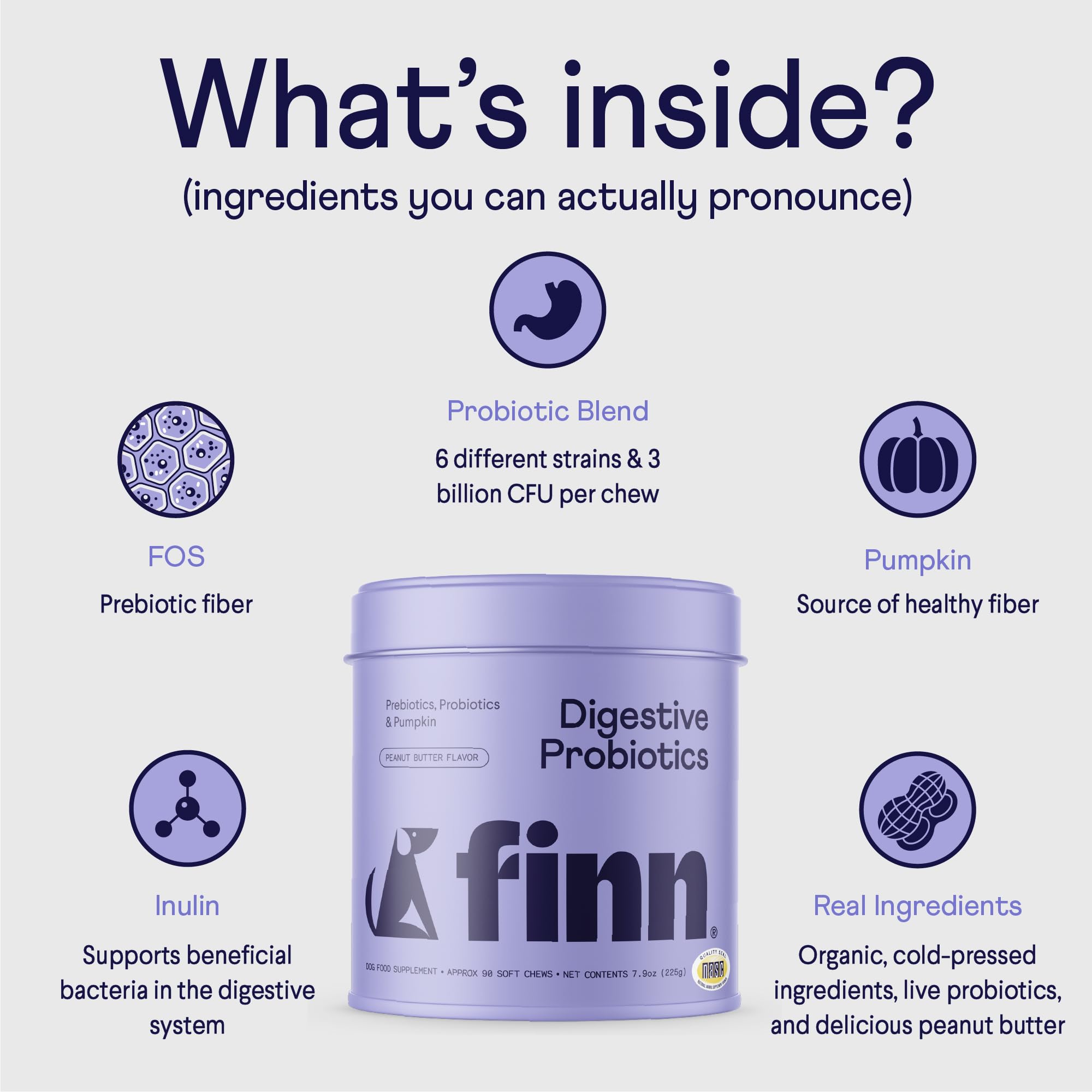 Finn Digestive Probiotics for Dogs - Complete Digestive System Support with Pumpkin, Prebiotics, & Live Probiotics - Vet Recommended & Made in The USA - 90 Soft Chews (Peanut Butter)