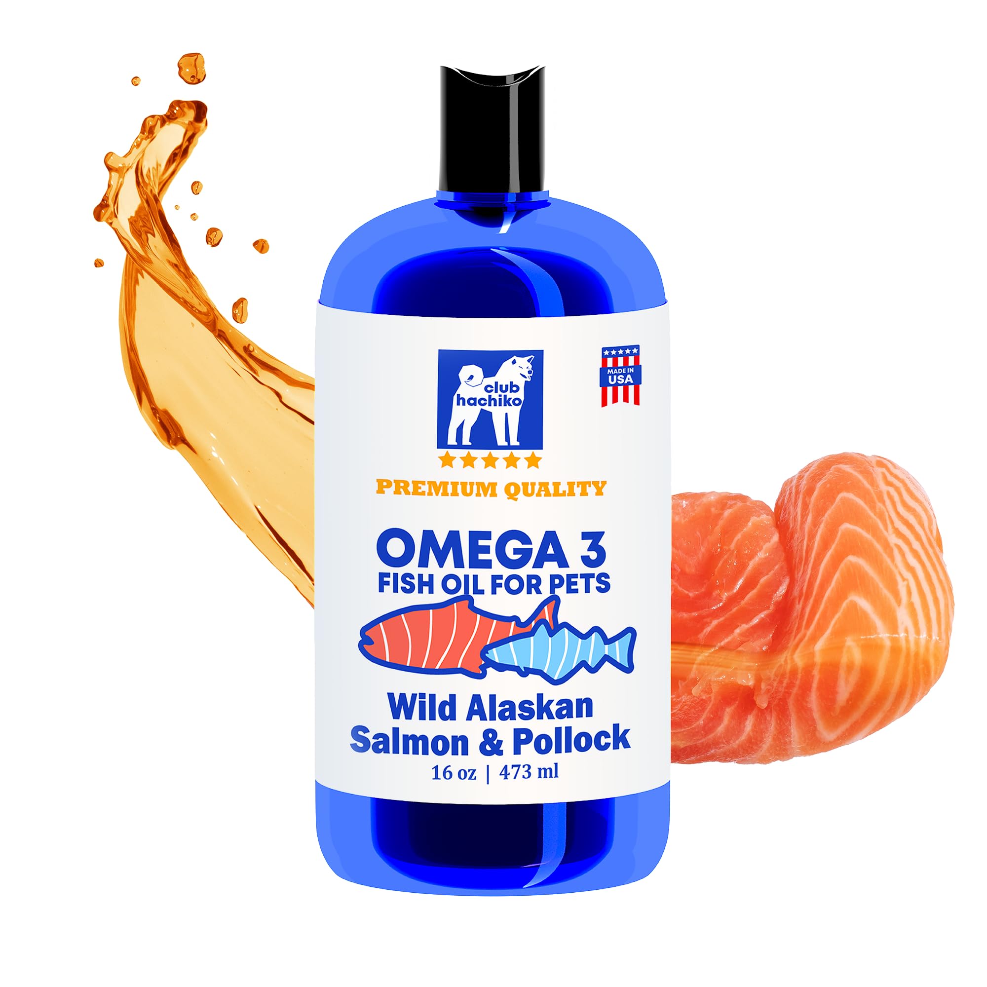 Wild Alaskan Salmon & Pollock Oil for Dogs – Itchy Skin, Shedding, Allergy & Joint Relief – NASC Certified Omega 3s – 16oz Liquid Food Topper – Club Hachiko