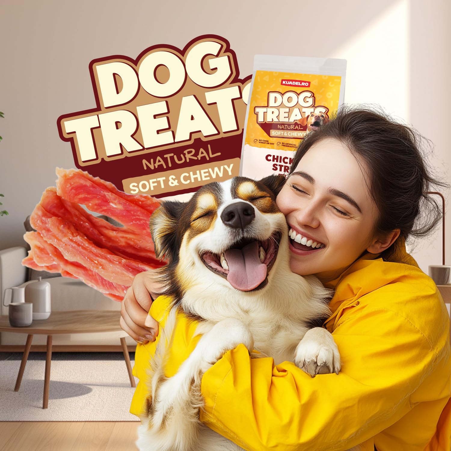 KUADELRO Chicken Jerky Dog Treats, Real Chicken Strips Dog Training Treats Soft Rawhide-Free Chews Healthy Snacks for Small Medium Large Breed 10.54oz