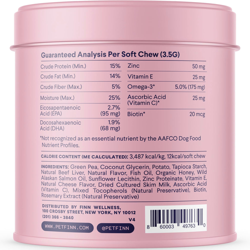 Finn Skin & Coat Salmon Oil Supplement for Dogs | Supports A Thick & Shiny Coat | Fish Oil from Wild Alaskan Salmon, Omega-3s, EPA & DHA, Biotin, & Zinc | 90 Soft Chews