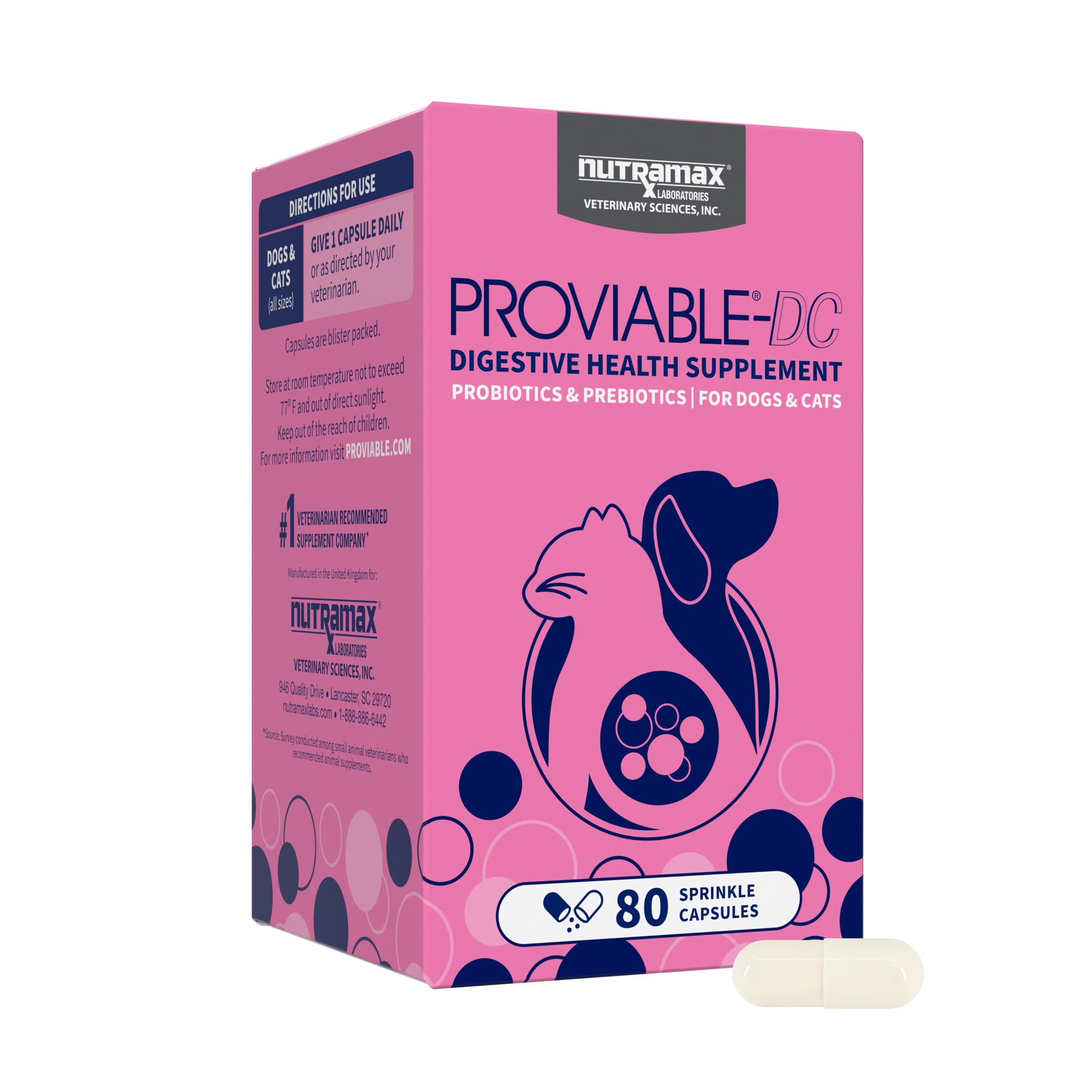 Nutramax Proviable Probiotics for Dogs and Cats, Daily Digestive Health Supplement with Multiple Strains of Bacteria, Cat and Dog Probiotics Plus Prebiotics, 80 Capsules