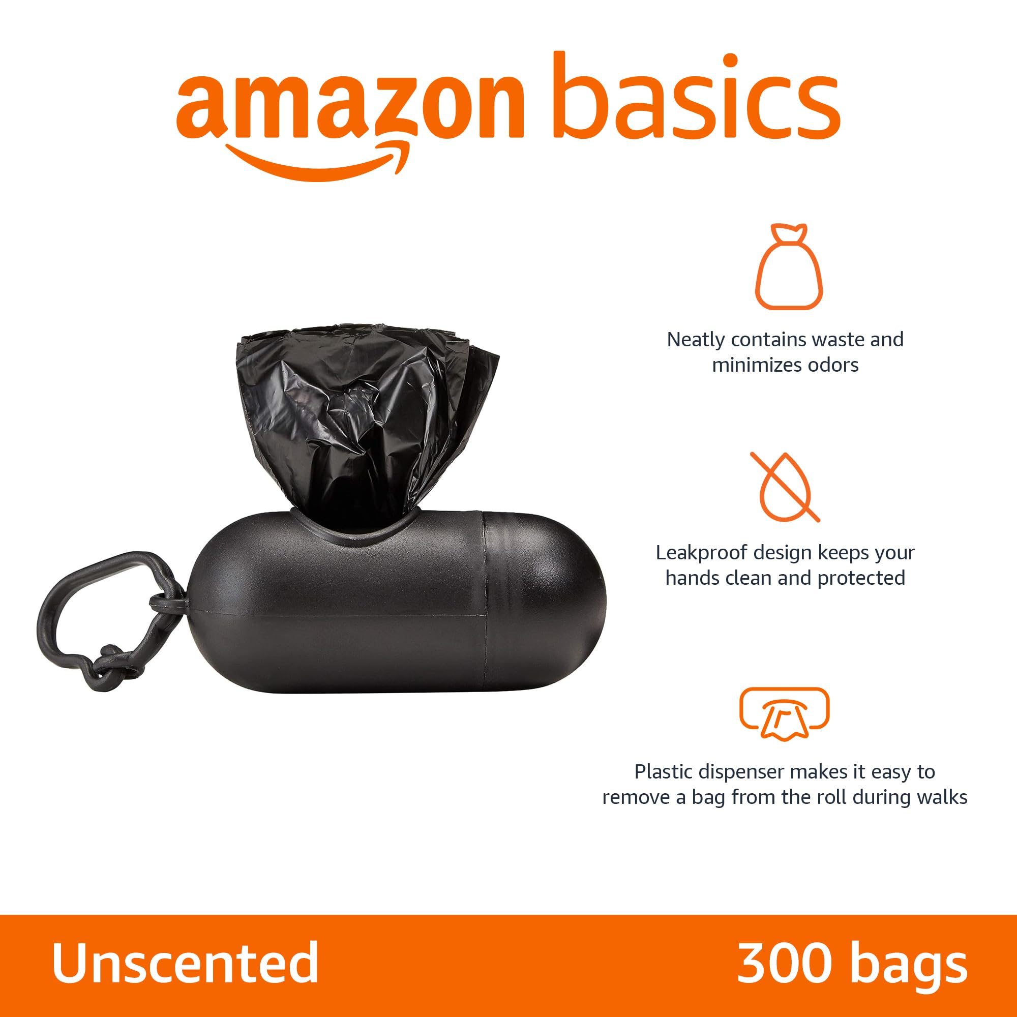 Amazon Basics Dog Poop Bags with Dispenser, 300 Count, Enhanced for Guaranteed Leakproof, Unscented, Includes Leash Clip