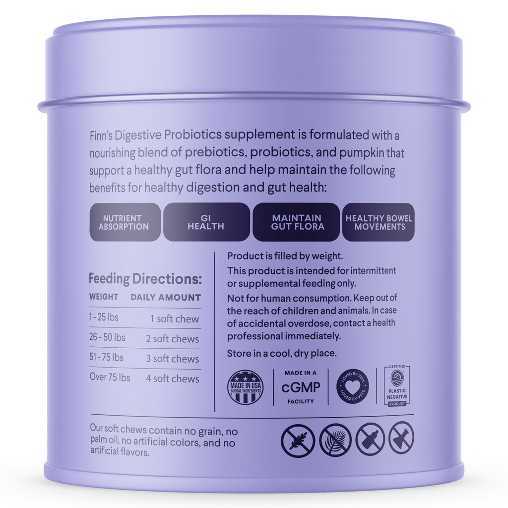 Finn Digestive Probiotics for Dogs - Complete Digestive System Support with Pumpkin, Prebiotics, & Live Probiotics - Vet Recommended & Made in The USA - 90 Soft Chews (Peanut Butter)