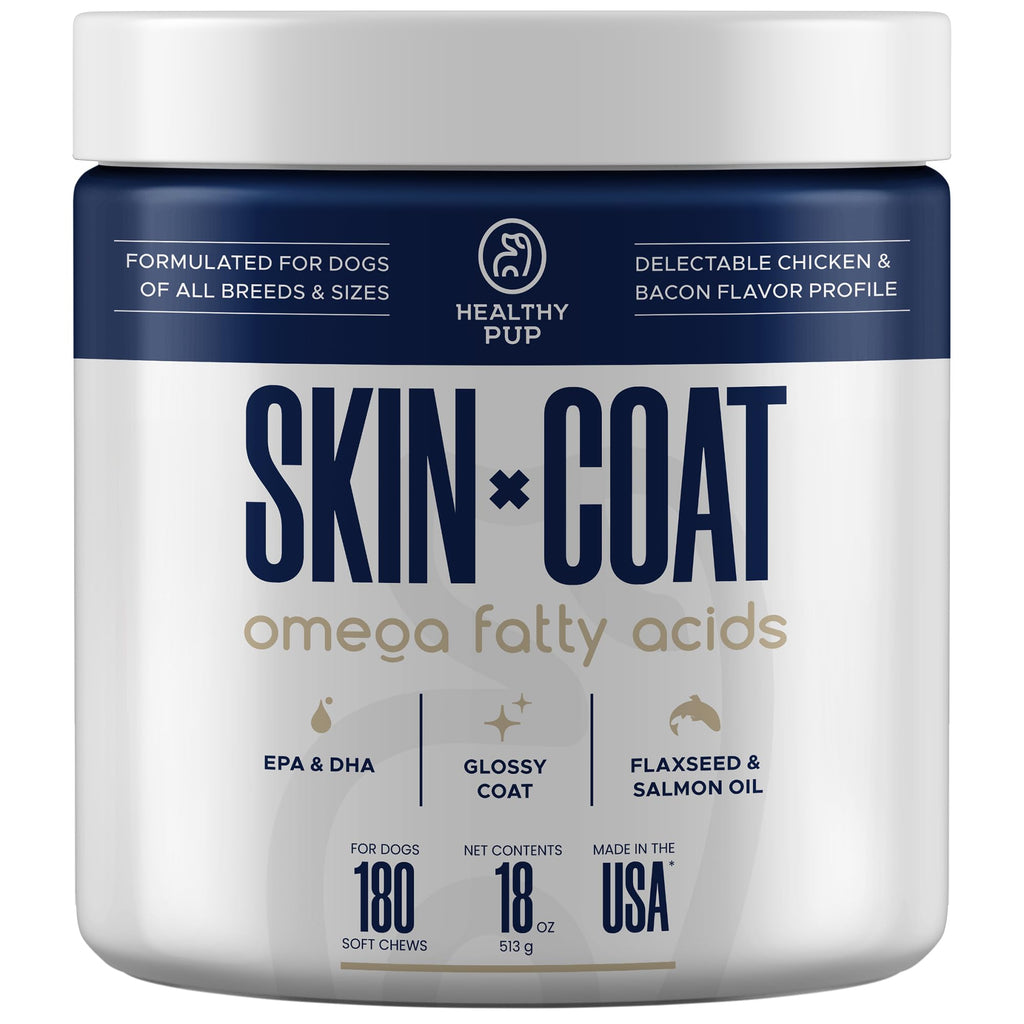 Dog Fish Oil Supplements - 180 Delicious Chew Treats - Omega 3 Rich Salmon Oil, EPA, DHA, Biotin, and Vitamin E for Healthier, Shinier, Skin, Coat and Fur, Helps Skin Allergies