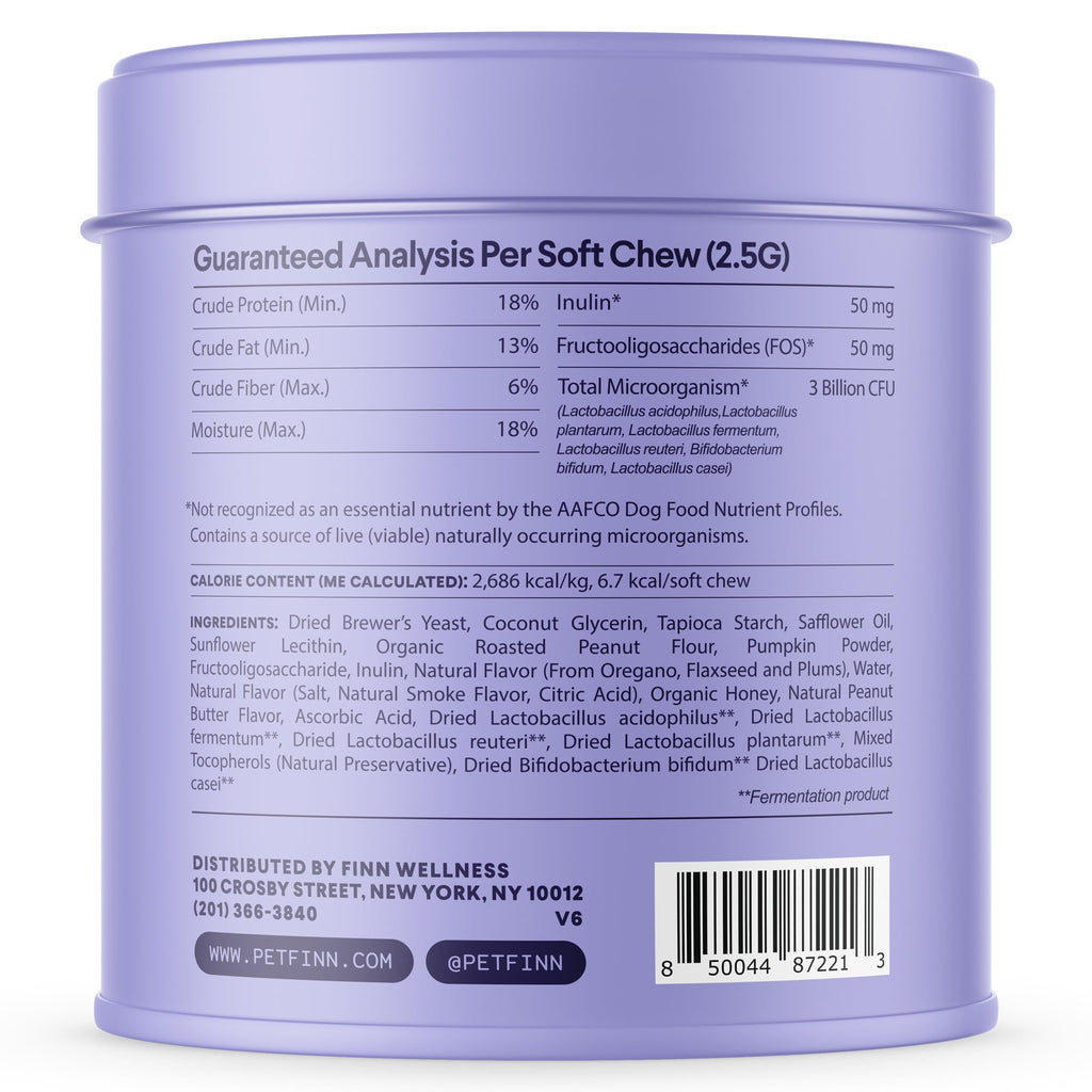 Finn Digestive Probiotics for Dogs - Complete Digestive System Support with Pumpkin, Prebiotics, & Live Probiotics - Vet Recommended & Made in The USA - 90 Soft Chews (Peanut Butter)