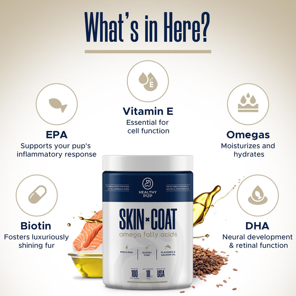 Dog Fish Oil Supplements - 180 Delicious Chew Treats - Omega 3 Rich Salmon Oil, EPA, DHA, Biotin, and Vitamin E for Healthier, Shinier, Skin, Coat and Fur, Helps Skin Allergies
