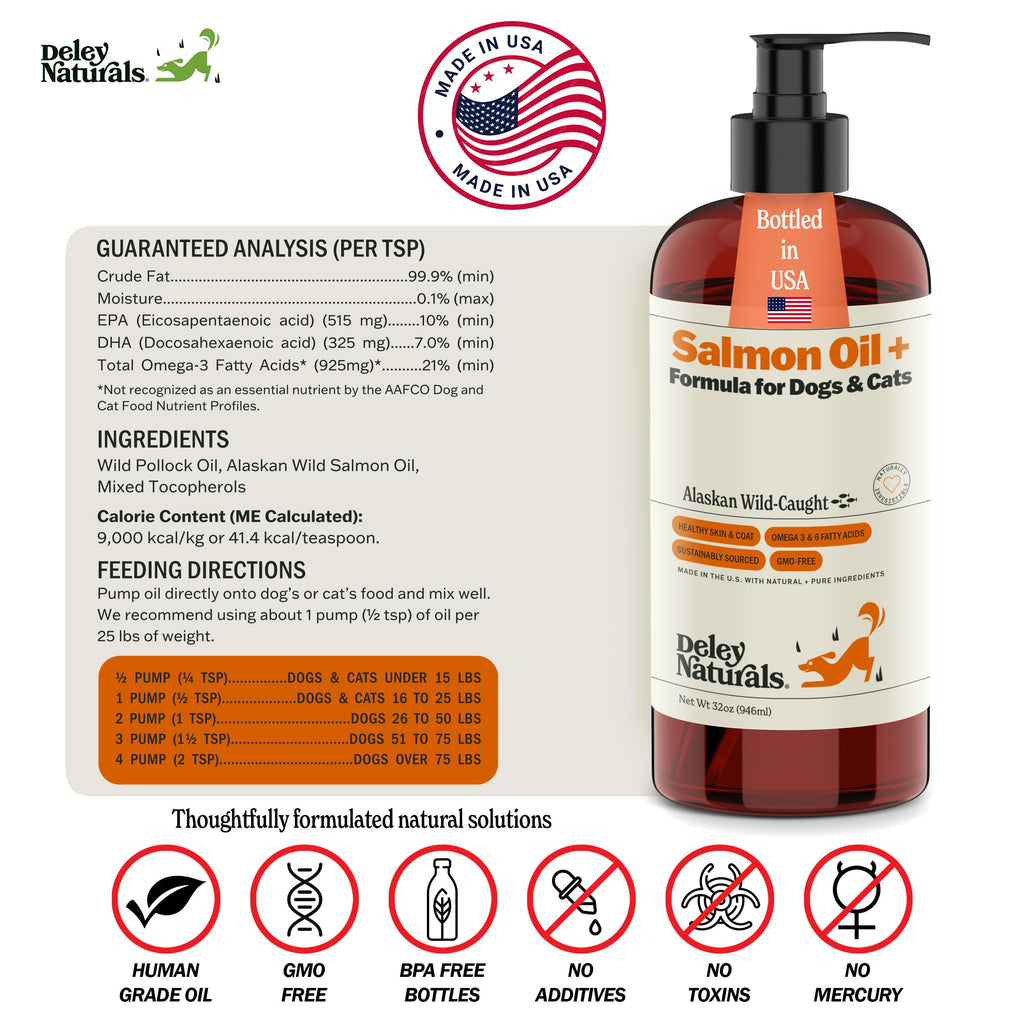 Deley Naturals Wild Alaskan Salmon Oil for Dogs - New & Improved Salmon Oil Plus Formula - Fish Oil for Dogs with DHA EPA Omega 3 & 6 Fatty Acids - Omega 3 Fish Oil for Skin & Coat - 32oz Made in USA