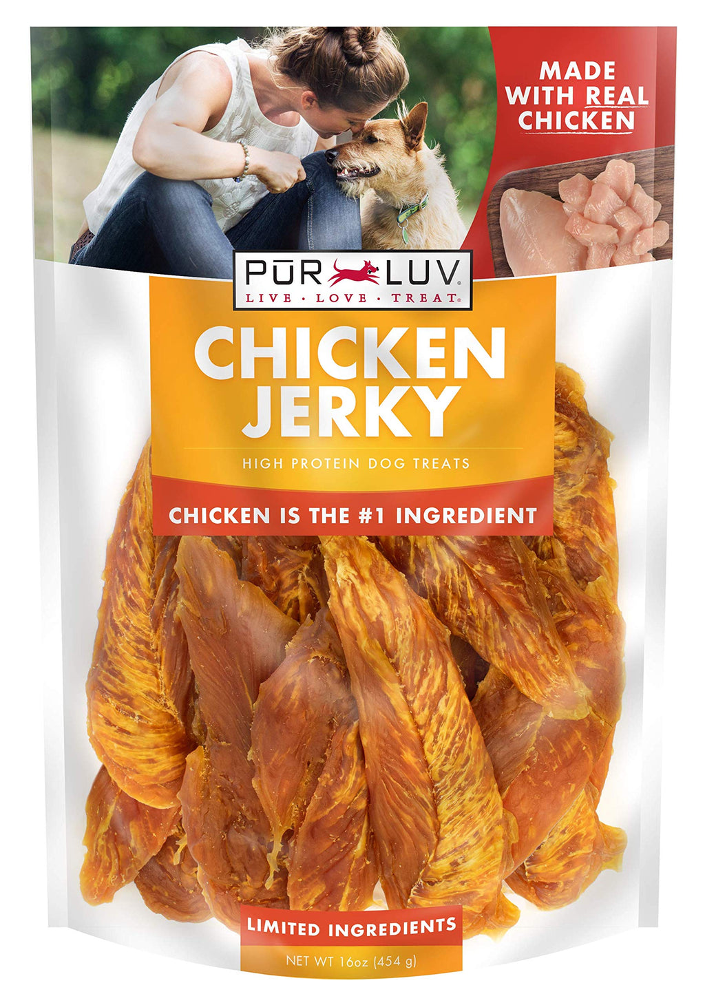 Pur Luv Chicken Jerky Dog Treats, Made with 100% Real Chicken Breast, 16 Ounces, Healthy, Easily Digestible, Long-Lasting, High Protein, Satisfies Dog's Urge to Chew