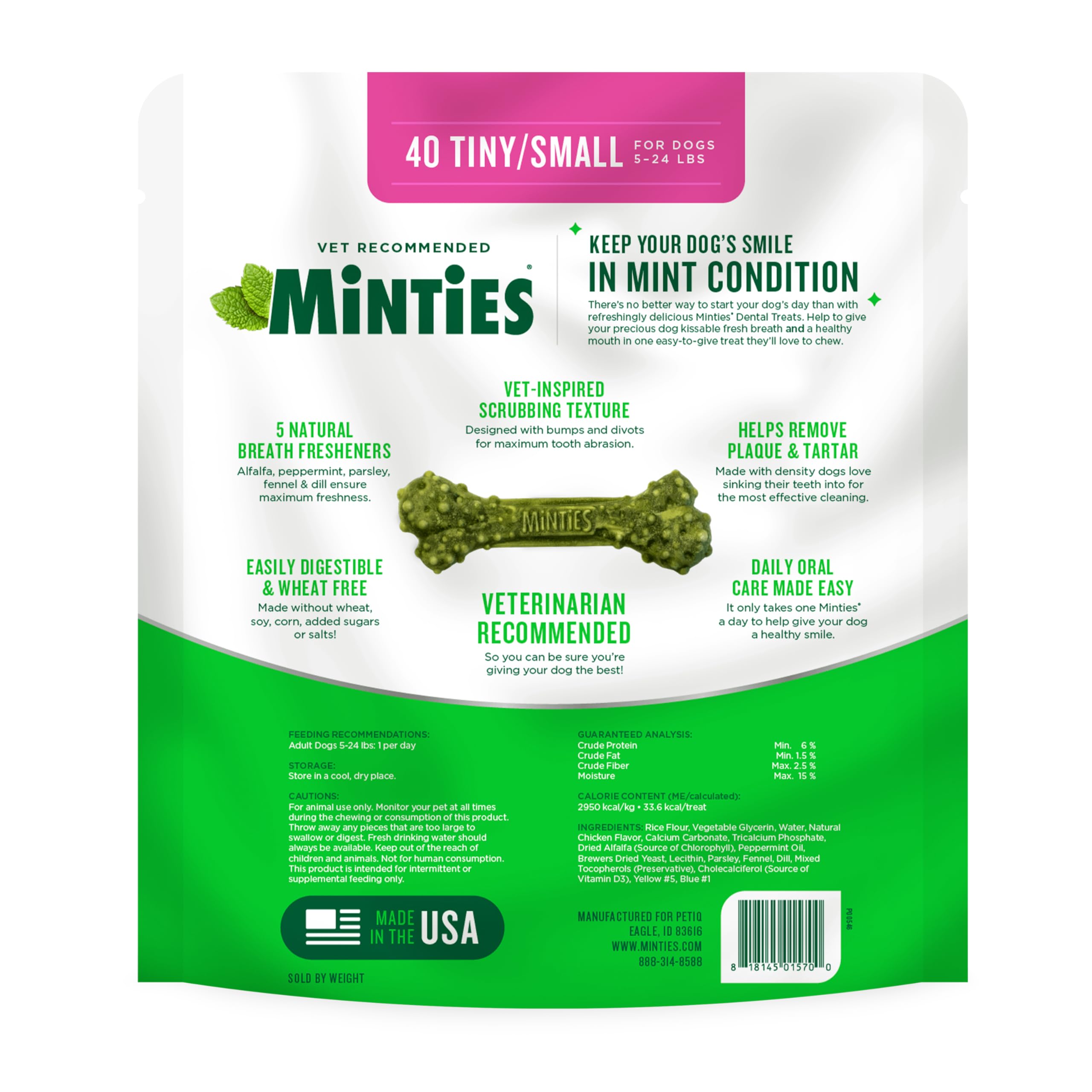 Minties Dental Chews for Dogs, 40 Count, Vet-Recommended Mint-Flavored Treats for Tiny/Small Dogs 5-24 lbs, Dental Bones Clean Teeth, Fight Bad Breath, and Removes Plaque and Tartar