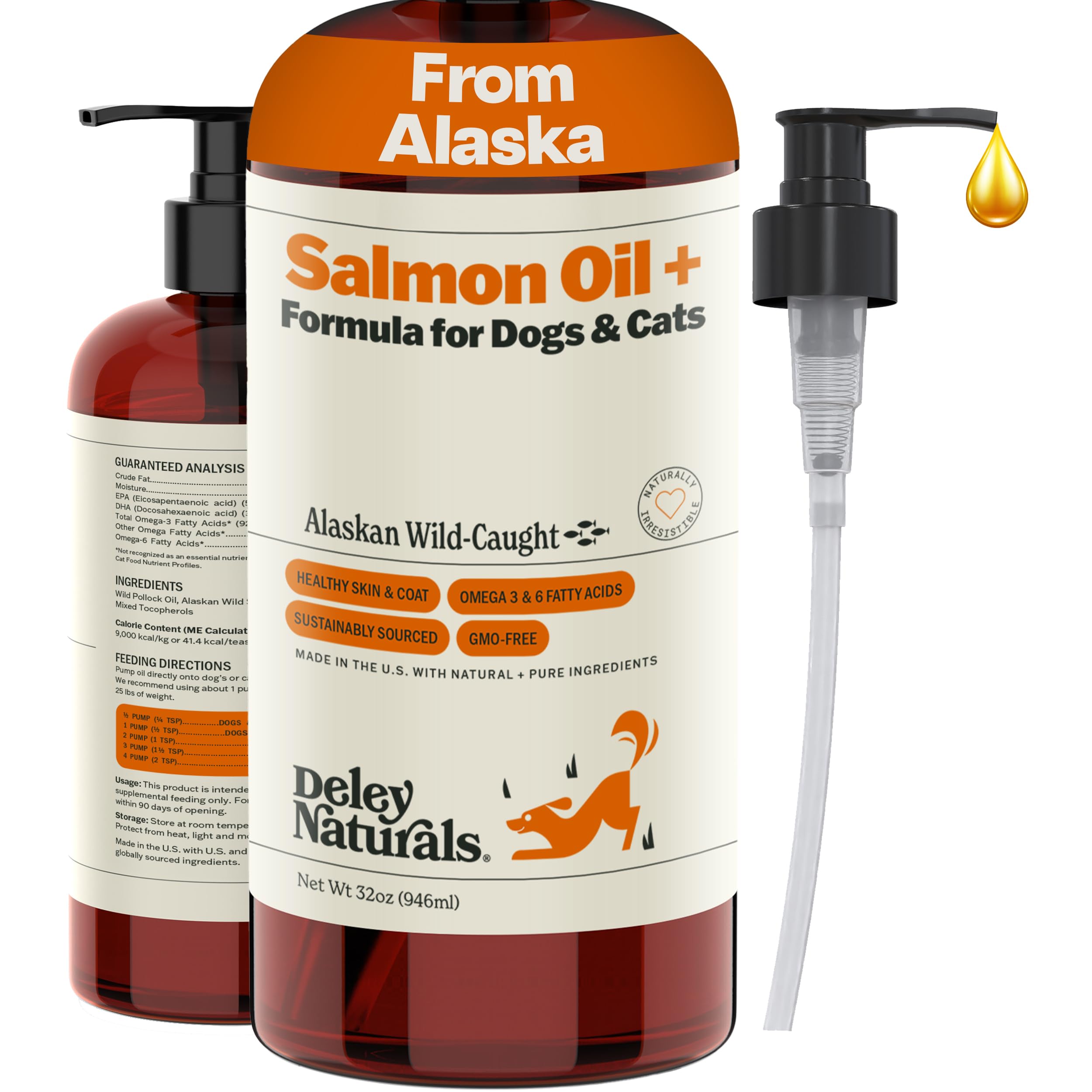 Deley Naturals Wild Alaskan Salmon Oil for Dogs - New & Improved Salmon Oil Plus Formula - Fish Oil for Dogs with DHA EPA Omega 3 & 6 Fatty Acids - Omega 3 Fish Oil for Skin & Coat - 32oz Made in USA