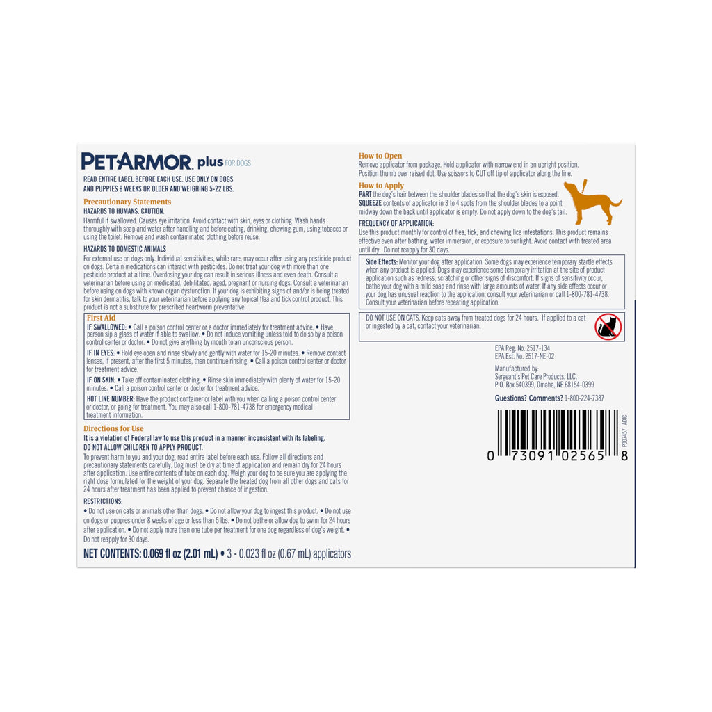 PetArmor Plus Flea and Tick Prevention for Dogs, Small Dog Flea and Tick Treatment, 3 Doses, Waterproof Topical, Fast Acting (5-22 lbs)