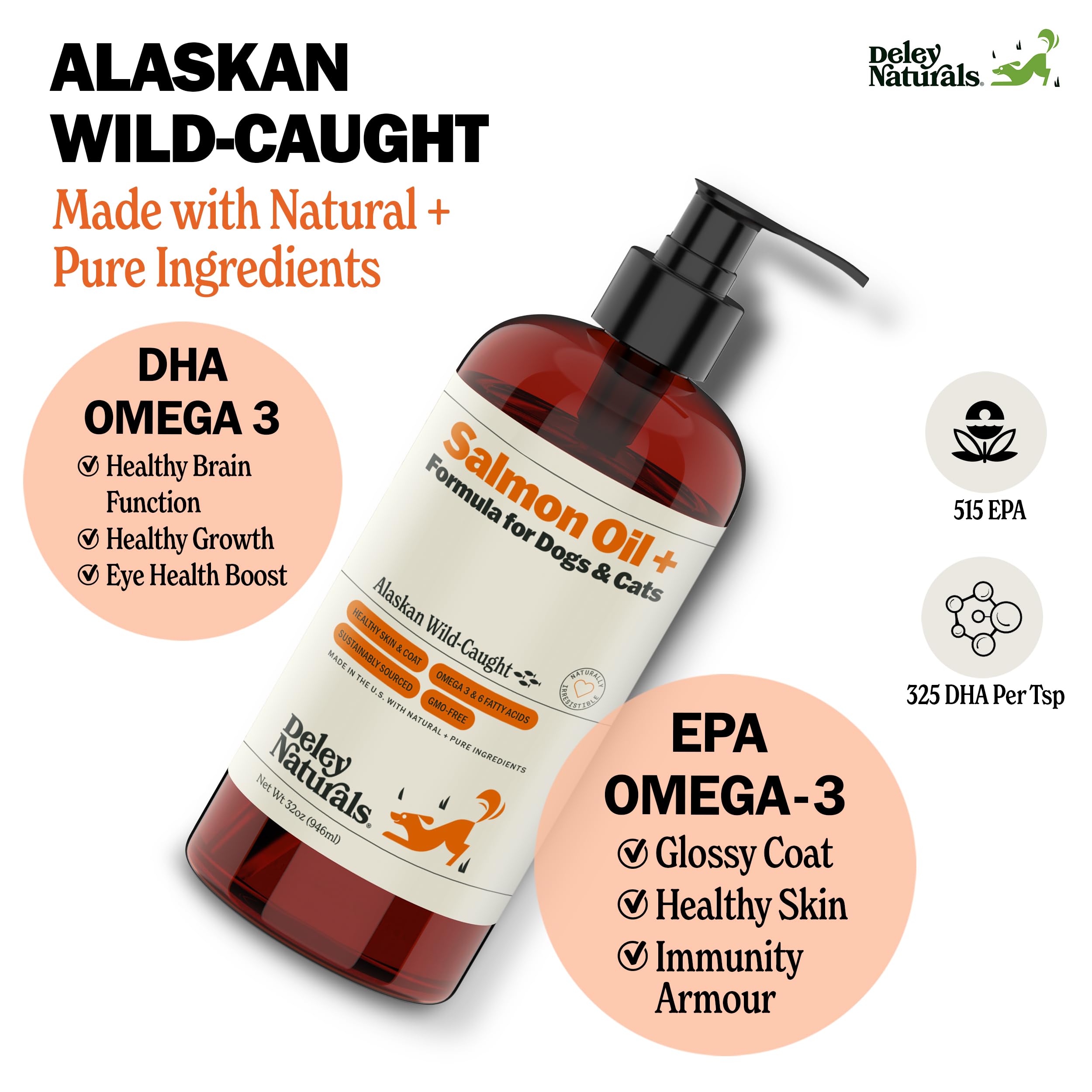 Deley Naturals Wild Alaskan Salmon Oil for Dogs - New & Improved Salmon Oil Plus Formula - Fish Oil for Dogs with DHA EPA Omega 3 & 6 Fatty Acids - Omega 3 Fish Oil for Skin & Coat - 32oz Made in USA