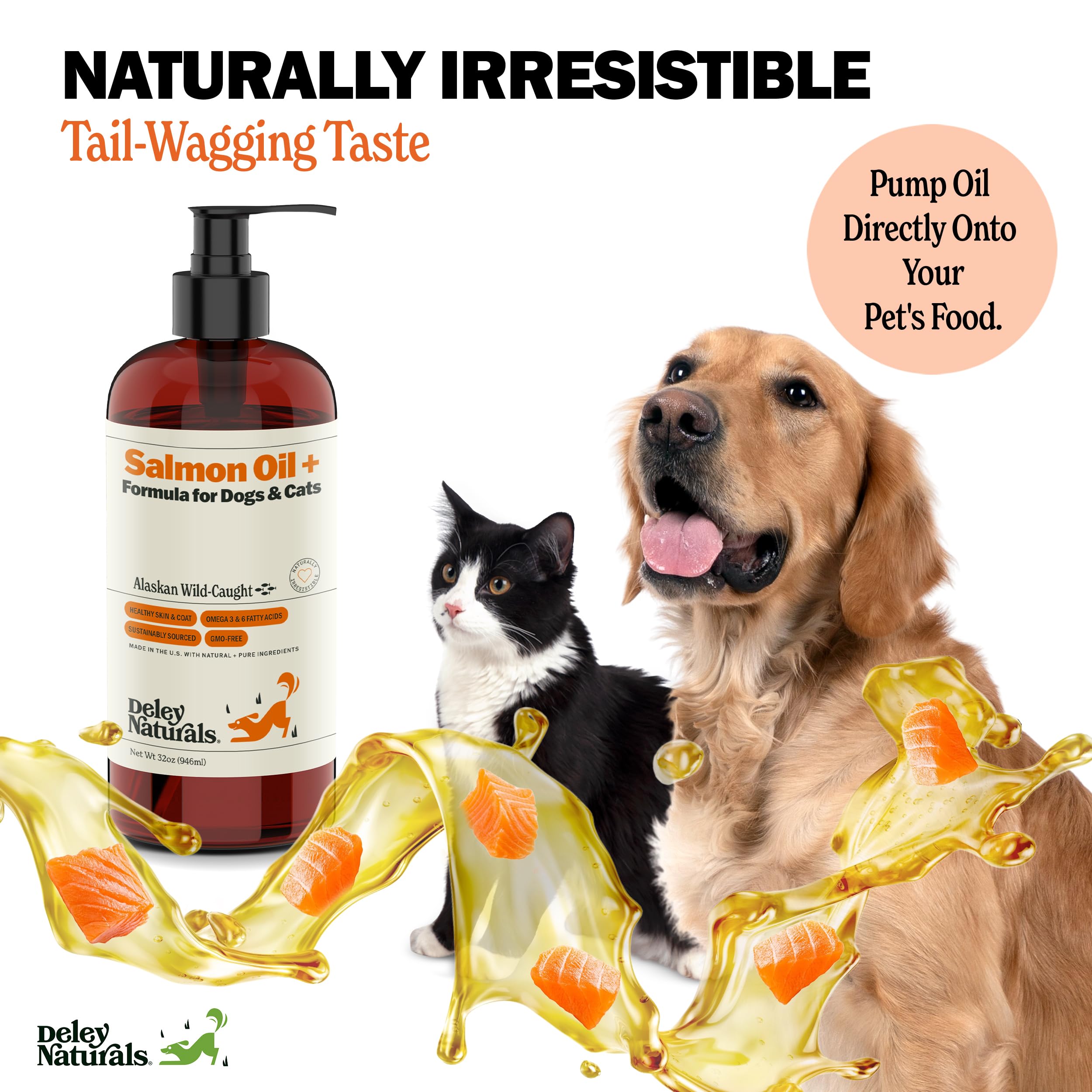 Deley Naturals Wild Alaskan Salmon Oil for Dogs - New & Improved Salmon Oil Plus Formula - Fish Oil for Dogs with DHA EPA Omega 3 & 6 Fatty Acids - Omega 3 Fish Oil for Skin & Coat - 32oz Made in USA