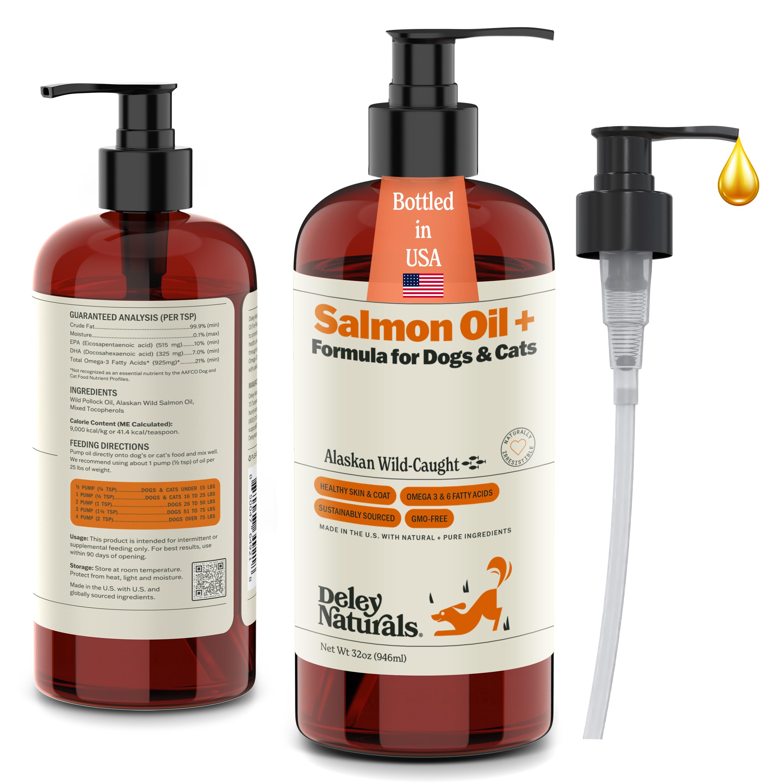 Deley Naturals Wild Alaskan Salmon Oil for Dogs - New & Improved Salmon Oil Plus Formula - Fish Oil for Dogs with DHA EPA Omega 3 & 6 Fatty Acids - Omega 3 Fish Oil for Skin & Coat - 32oz Made in USA