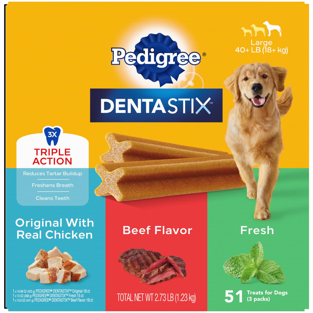 Pedigree Dentastix Large Breed Dog Treats, Original, Beef & Fresh Flavor, 2.73 lb. Variety Pack (51 Treats)