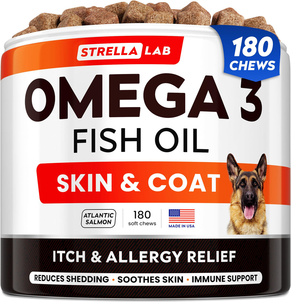 StrellaLab Omega 3 for Dogs - (180Ct) Fish Oil Treats - Allergy & Itch Relief Skin&Coat Supplement - Dry Itchy Skin, Shedding, Hot Spots Treatment, Anti Itch - Pet Salmon Oil Chews - Atlantic Salmon