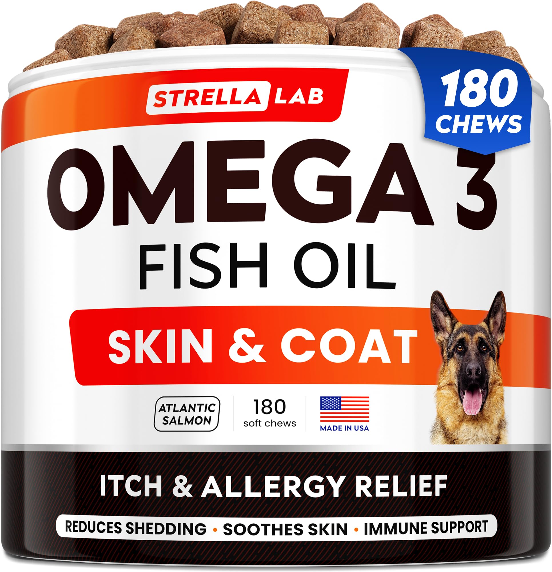 StrellaLab Omega 3 for Dogs - (180Ct) Fish Oil Treats - Allergy & Itch Relief Skin&Coat Supplement - Dry Itchy Skin, Shedding, Hot Spots Treatment, Anti Itch - Pet Salmon Oil Chews - Atlantic Salmon