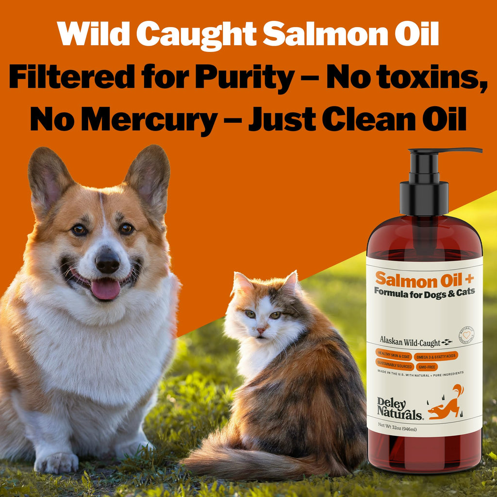 Deley Naturals Wild Alaskan Salmon Oil for Dogs - New & Improved Salmon Oil Plus Formula - Fish Oil for Dogs with DHA EPA Omega 3 & 6 Fatty Acids - Omega 3 Fish Oil for Skin & Coat - 32oz Made in USA