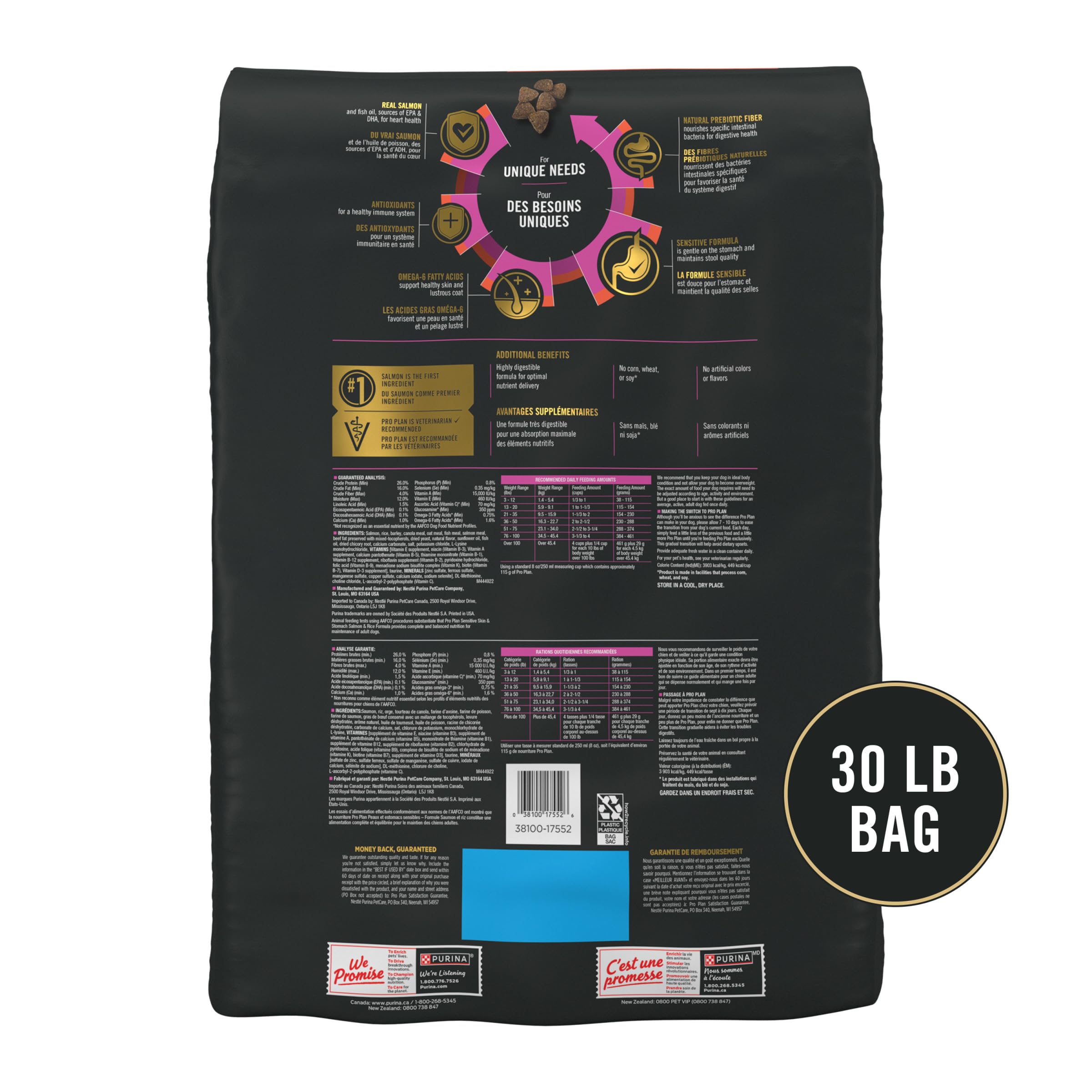 Purina Pro Plan Sensitive Skin and Stomach Dog Food Dry, Adult Salmon & Rice Formula, Digestive Health - 30 lb. Bag