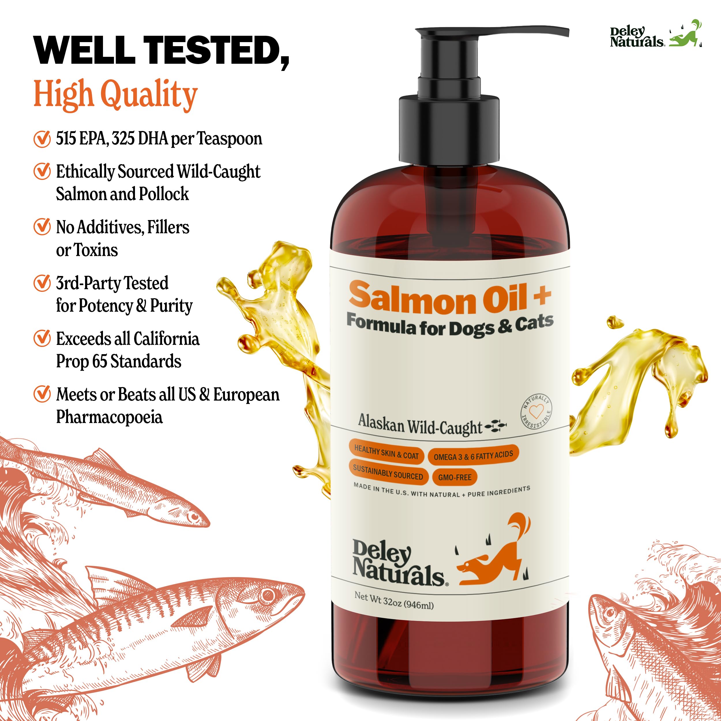 Deley Naturals Wild Alaskan Salmon Oil for Dogs - New & Improved Salmon Oil Plus Formula - Fish Oil for Dogs with DHA EPA Omega 3 & 6 Fatty Acids - Omega 3 Fish Oil for Skin & Coat - 32oz Made in USA