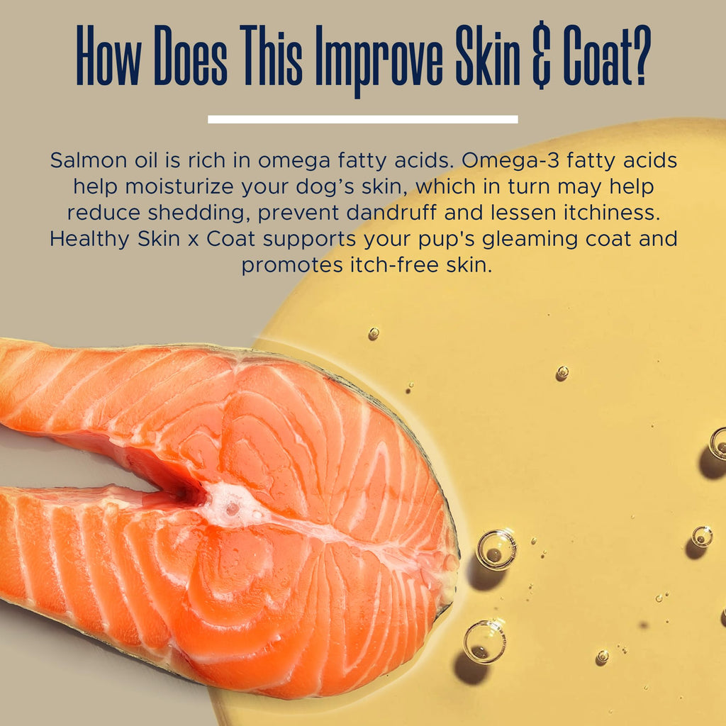 Dog Fish Oil Supplements - 180 Delicious Chew Treats - Omega 3 Rich Salmon Oil, EPA, DHA, Biotin, and Vitamin E for Healthier, Shinier, Skin, Coat and Fur, Helps Skin Allergies